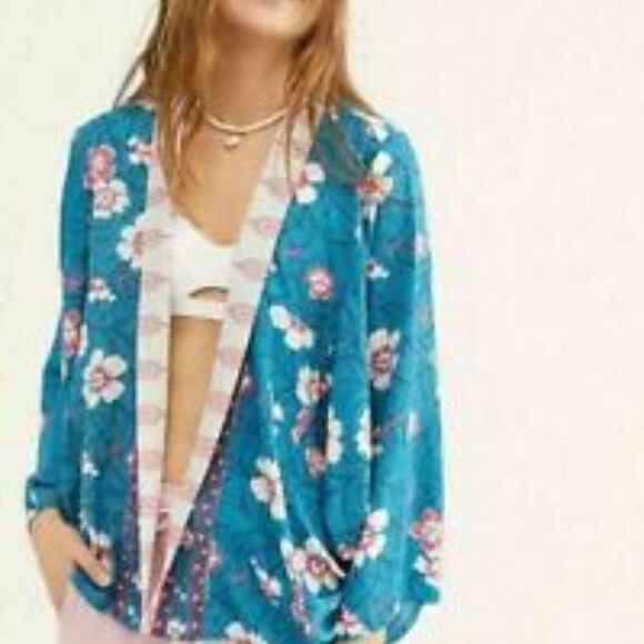 Free People Ocean Combo Floral print Kona Kimono Cardigan Top - Picture 1 of 9